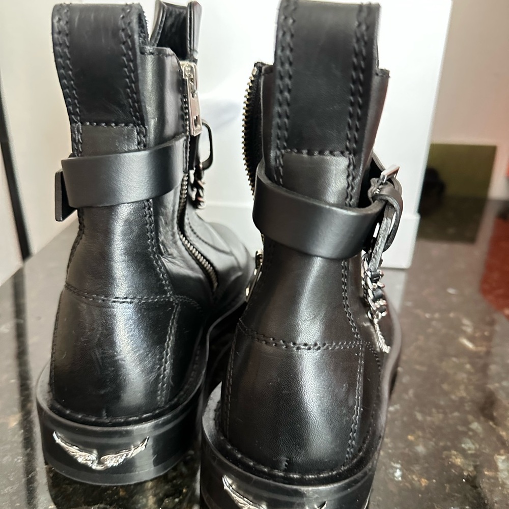 Zadig & Voltaire Black Leather Combat Boots with Chain - Picture 2 of 7